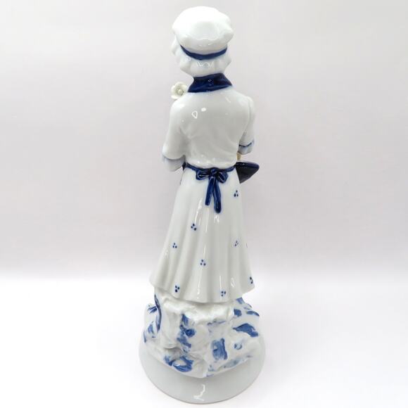 Vintage Porcelain Flower Girl Statuette Blue and White Figurine Cottage Core - Picture 4 of 11